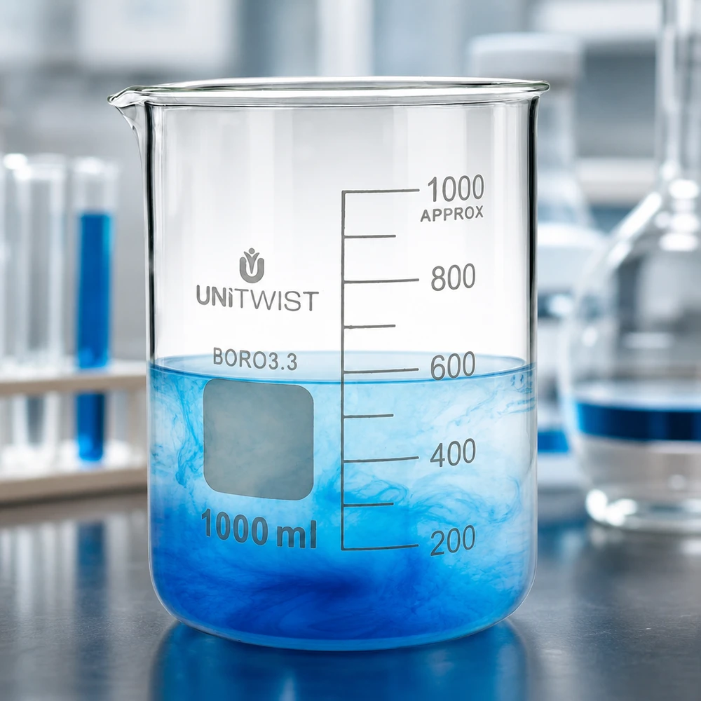 Becherglas 1000ml Borosilikat, niedrige Form UNiTWIST Transparentes Laborbecherglas 1000ml niedrige Form mit sich auflösender blauer Substanz