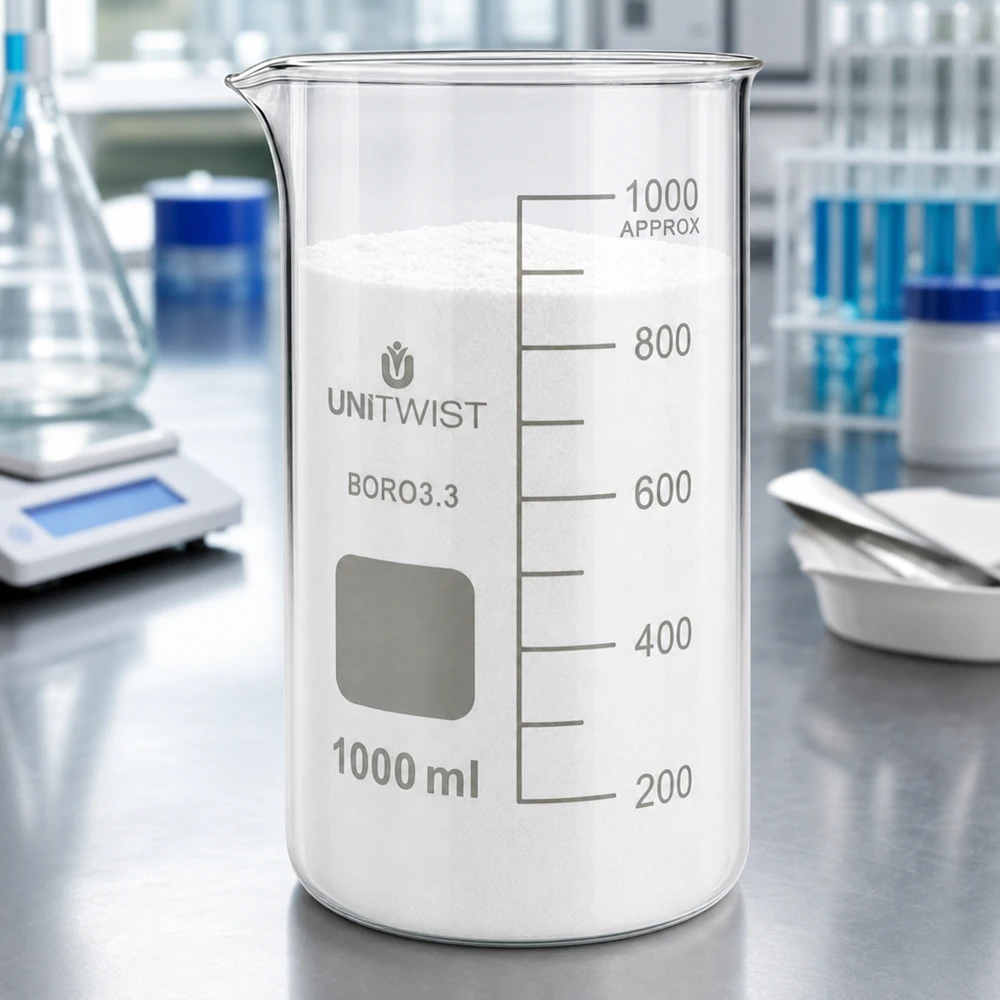 Laborbecherglas 1000ml hohe Form UNITWIST Borosilikat mit weißem Pulver Spatel und Wiegeschale