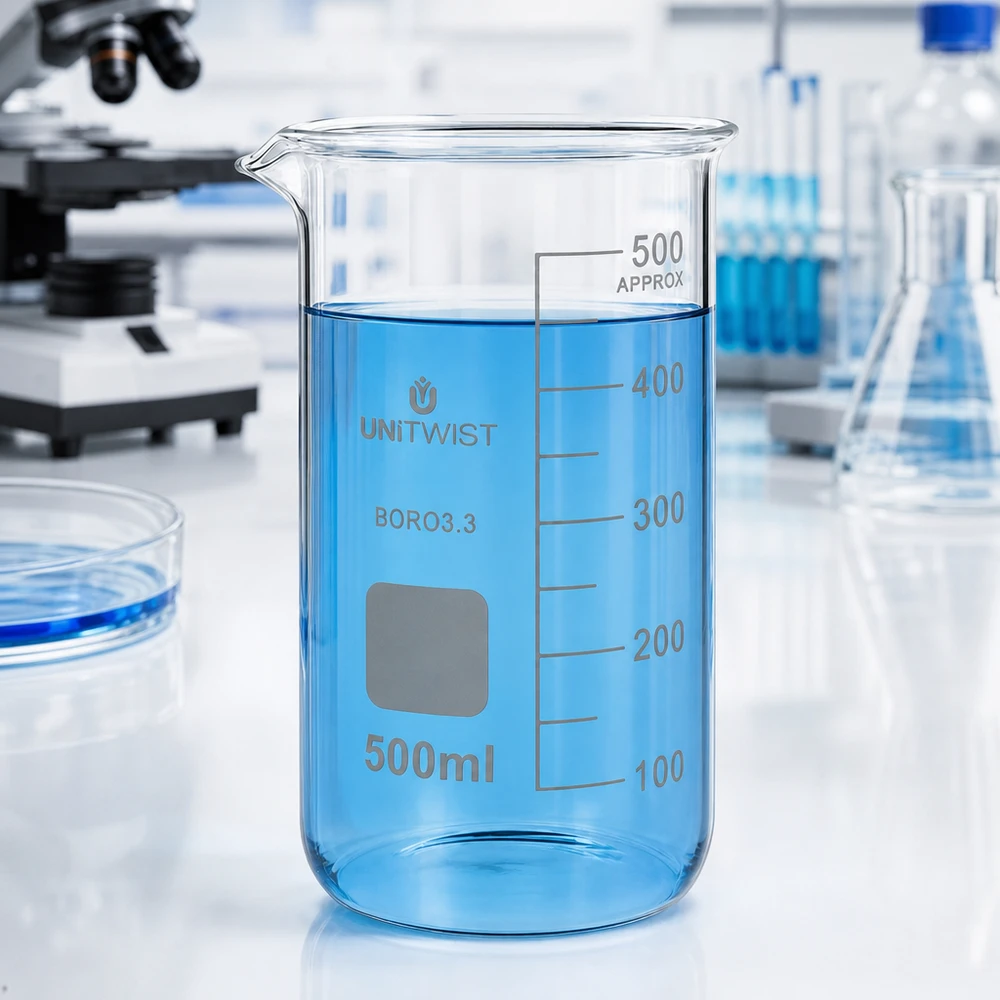 Becherglas 500ml Borosilikat, hohe Form UNiTWIST UNITWIST Laborglas 500ml mit Skalierung 100 bis 500ml hohe zylindrische Form