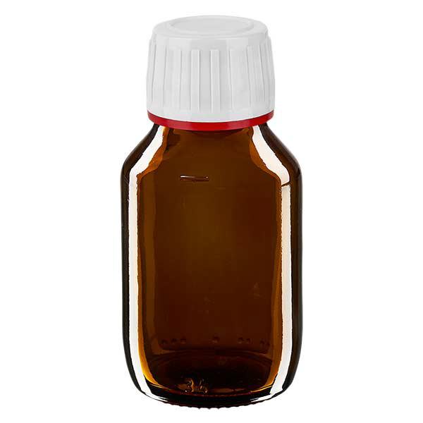 50ml Medizinflasche braun, Verschluss weiß mit Originalitätsring rot ApoGlas 50ml Medizinflasche braun, Verschluss weiß mit Originalitätsring rot ApoGlas