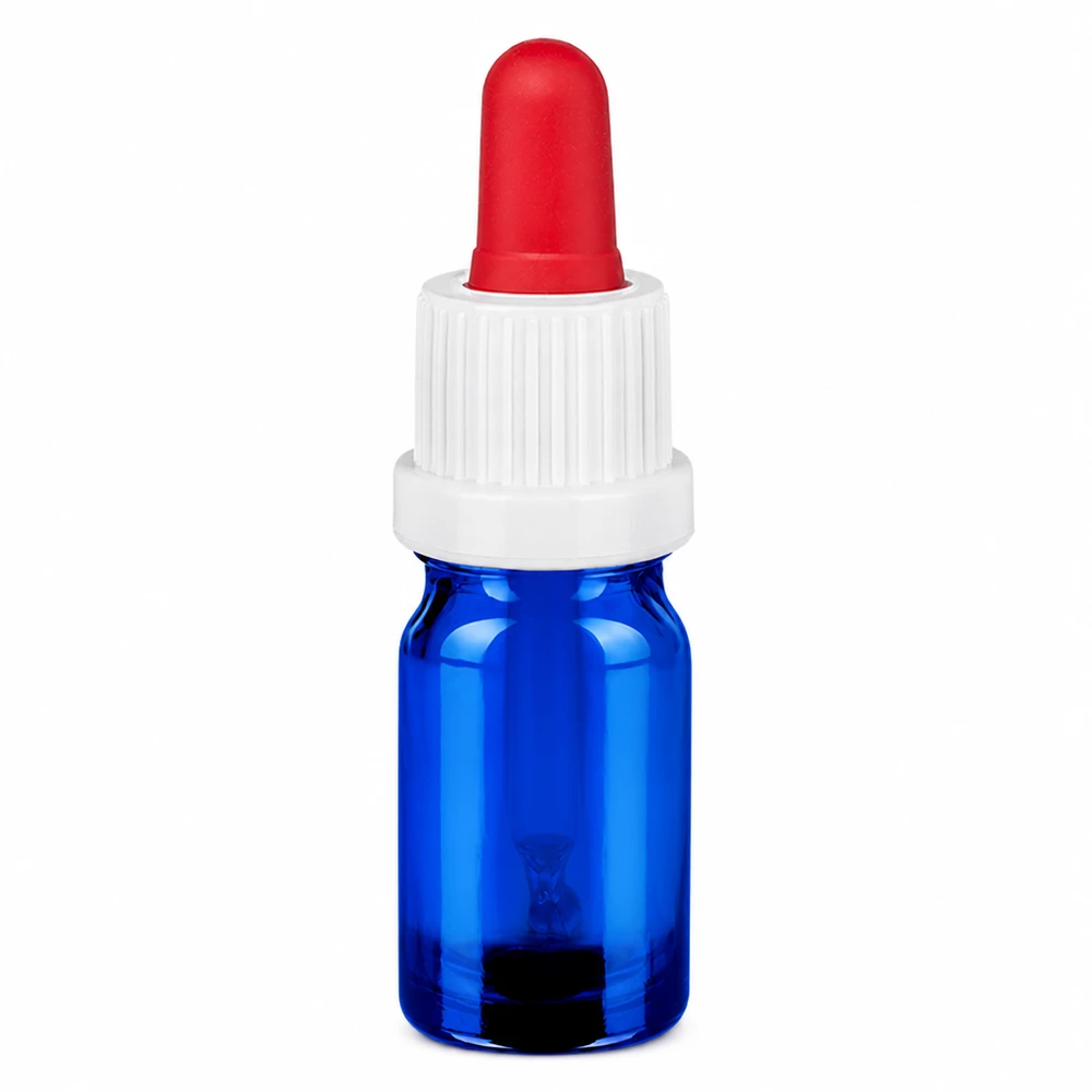 5ml Glasflasche mit Pipettenaufsatz in blau-weiß-roter Farbkombination für Labor und Kosmetik
