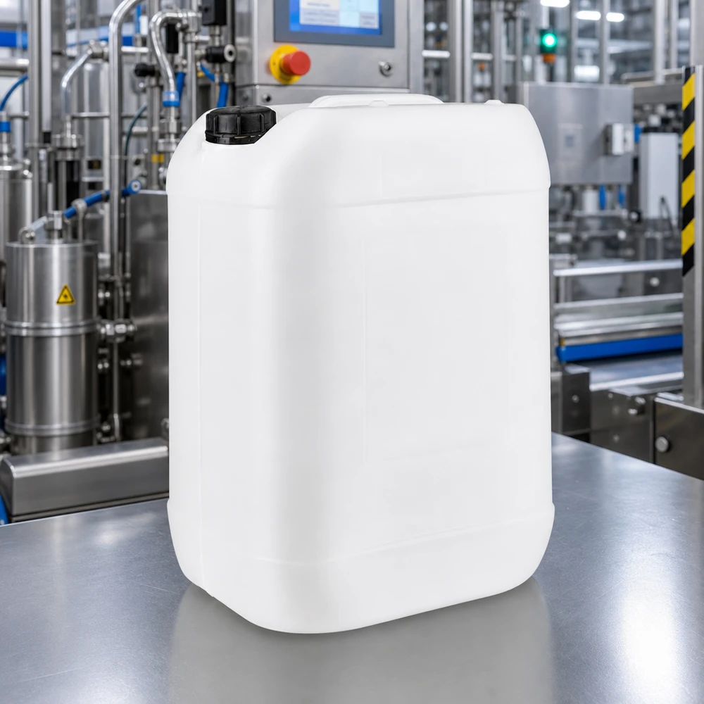 Kanister 25 Liter mit Schraubverschluss Originalitätsverschluss Transluzenter Hohlkörper 25L mit schwarzem Originalitätsverschluss auf Edelstahl