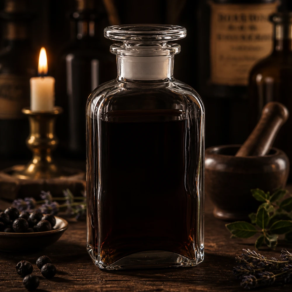 Vierkantflasche 250ml klar Weithals Glasstopfen Antike Apothekenflasche 250ml klar vierkantig mit Glasdeckel im Kerzenlicht Atmosphäre