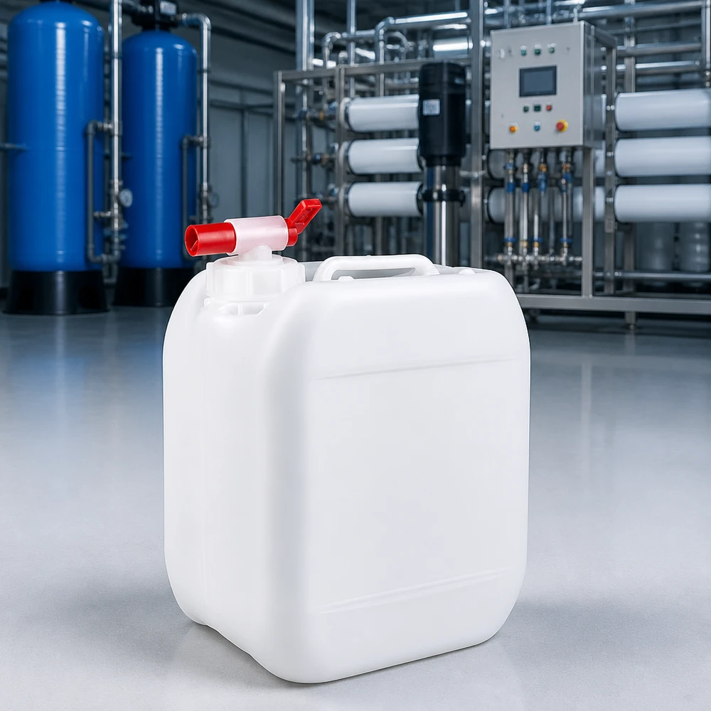 Robuster Rechteckkanister 5 Liter mit rotem Drehventil auf Epoxidharzboden