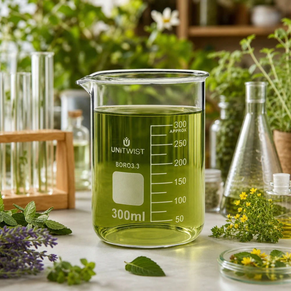 UNiTWIST Becherglas niedriger Form 300ml mit gelbgrüner Flüssigkeit in botanischer Laborumgebung