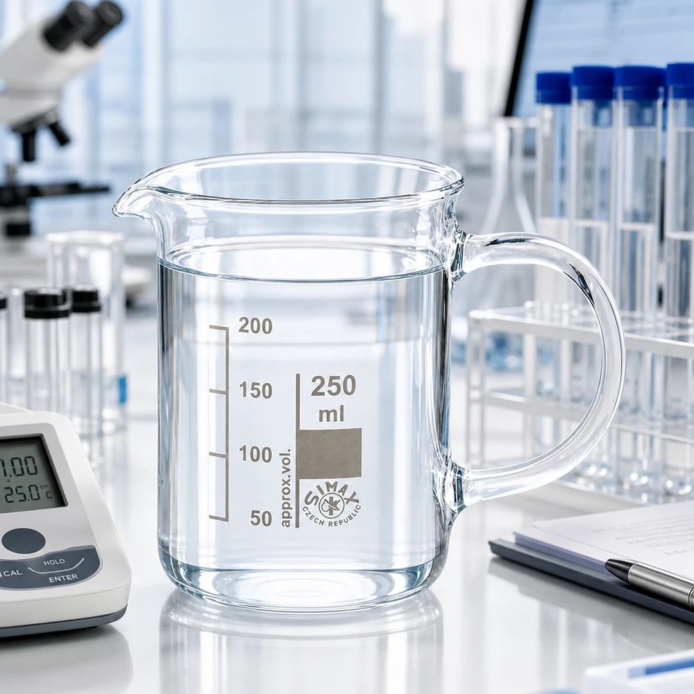 Zylindrisches Laborbecherglas 250ml mit Griff und eingeätzter Volumenskala aus Borosilikatglas