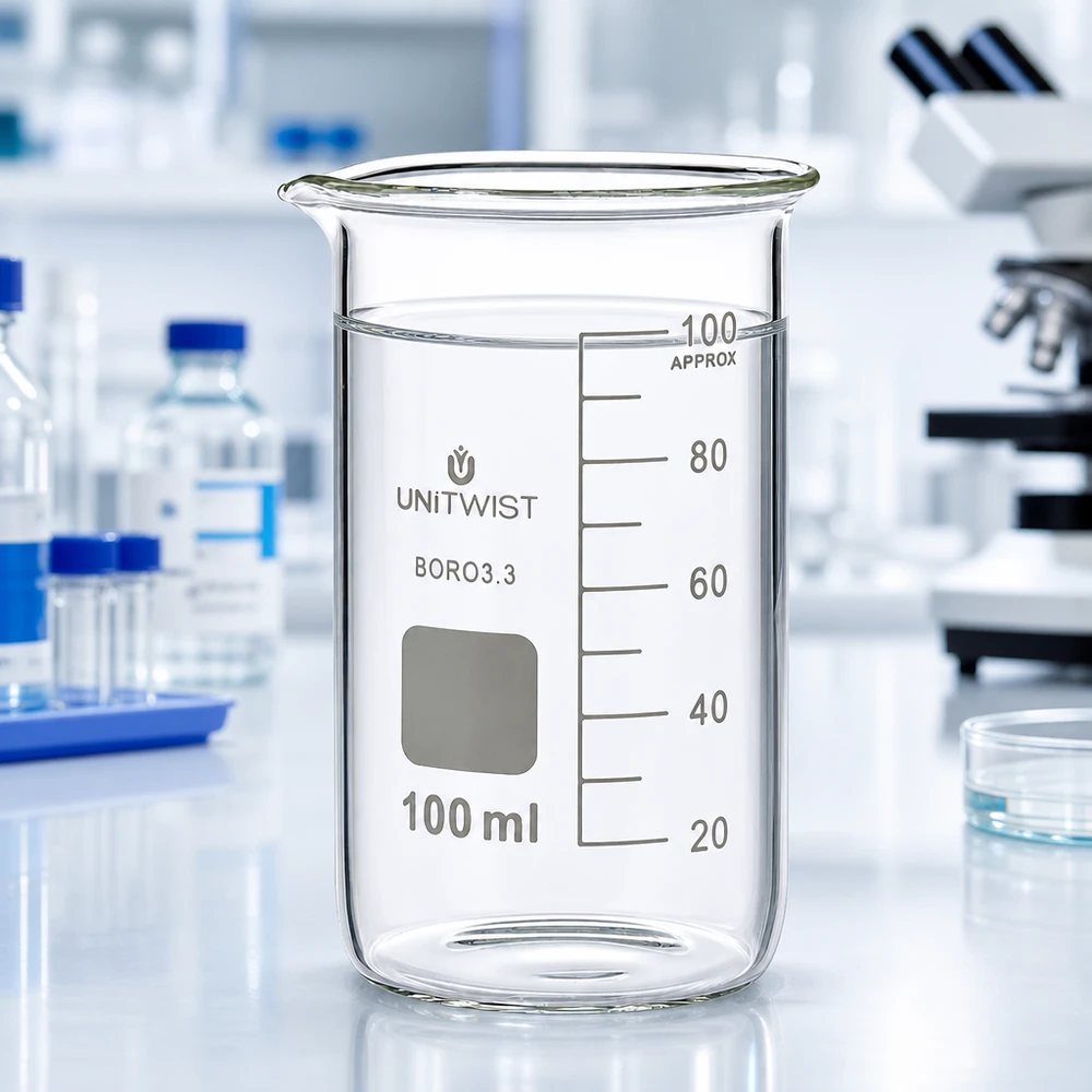 Becherglas 100ml hohe Form Borosilikat UNITWIST mit Wasserfüllung in professioneller Laborumgebung