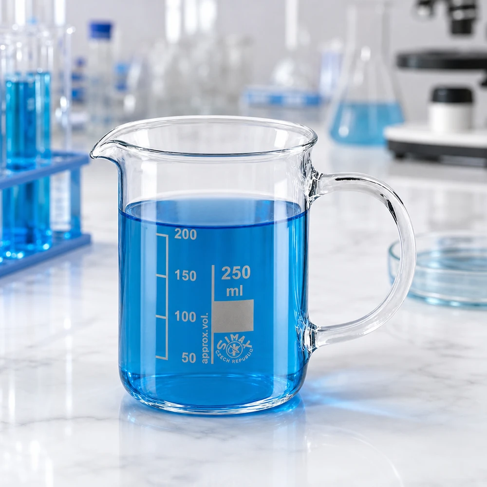 Laborbecherglas 250ml mit seitlichem Griff und Ausgussschnabel aus klarem Borosilikatglas