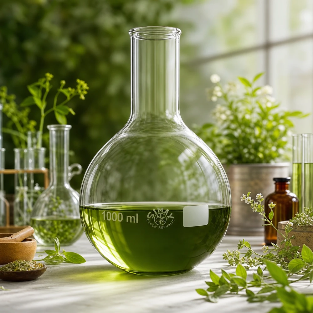 1000ml Laborkolben Enghals in botanischem Setting für natürliche Wirkstoffforschung