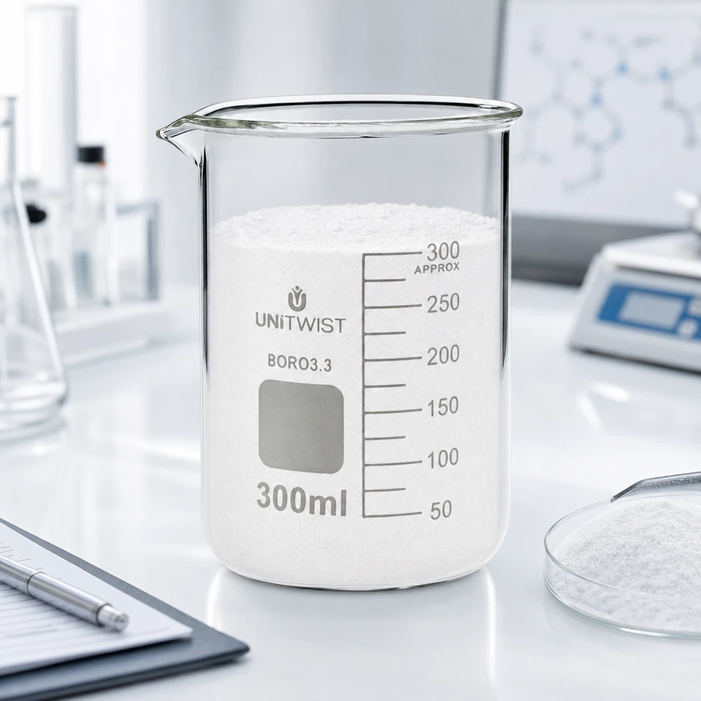Becherglas 300ml Borosilikat, niedrige Form UNiTWIST Chemielabor Becherglas 300ml mit weißem Pulver Waage und Notizbuch auf weißem Tisch