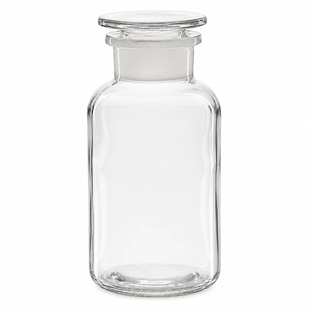 Rundschulterfl. 500ml klar Weithals Glasstopfen 500ml Weithalsflasche Rundschulter Klarglas mit mattem Glasstopfen für Chemikalien