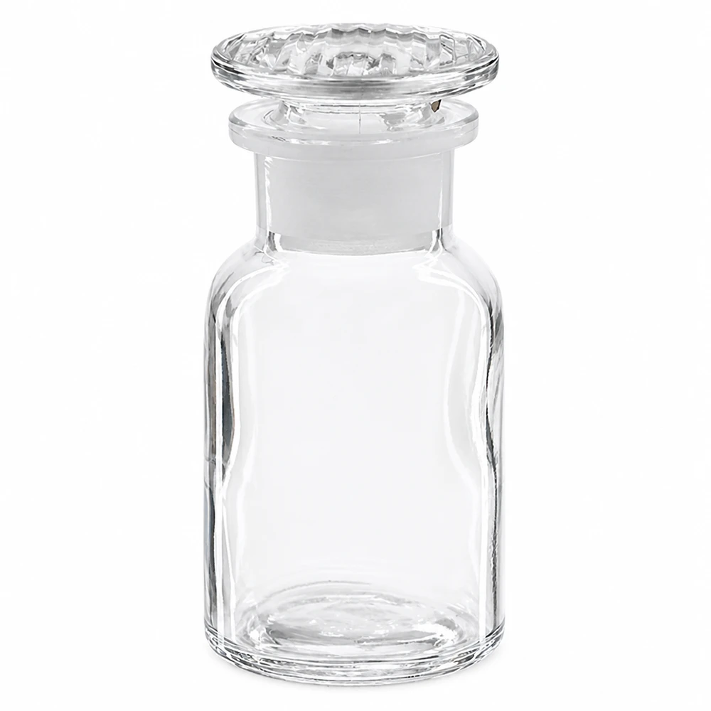 Klassische Laborflasche 100ml Rundschulter klar mit aufgesetztem Glasstopfen Weithals