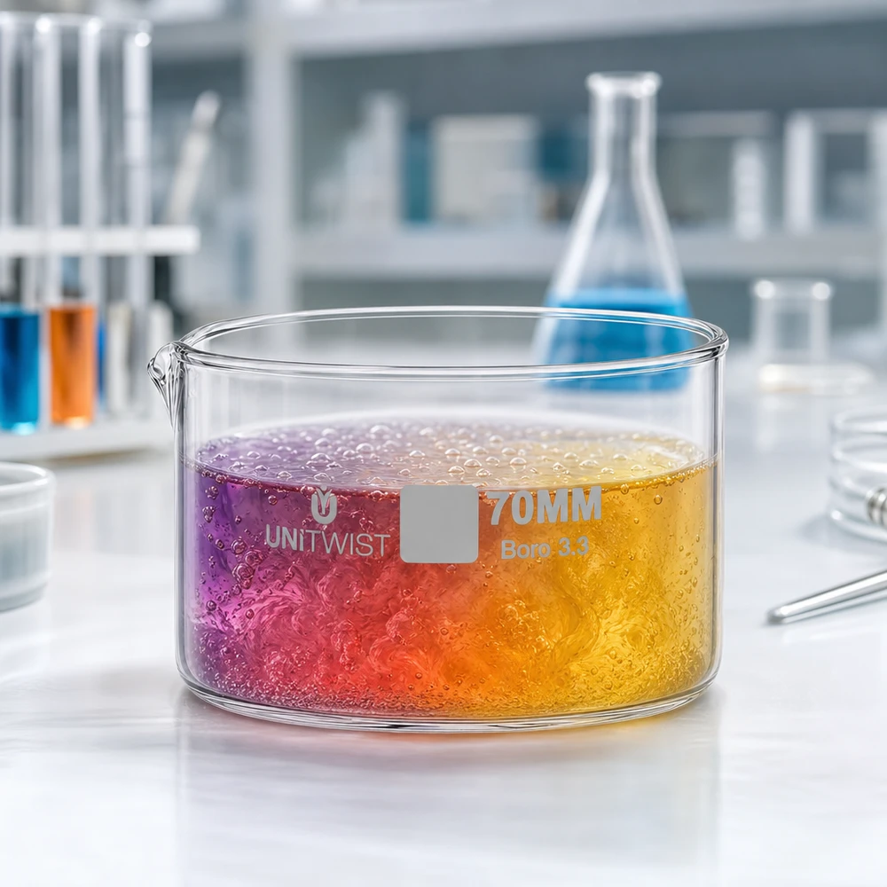 UNiTWIST Kristallisierschale ø70mm Boro 3.3 niedriger zylindrischer Glasbehälter mit Farbreaktion