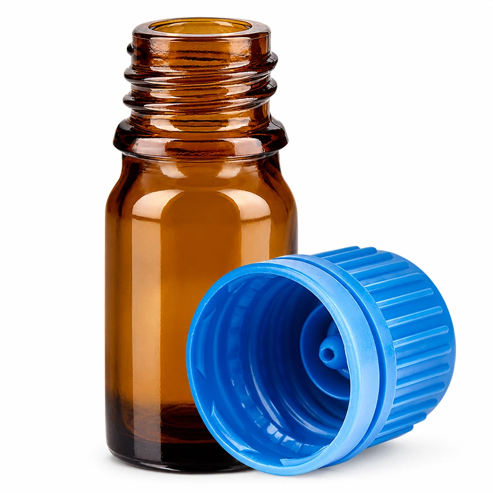 Mini Glasflasche 5ml braun für Kosmetik und Pharmazie mit stabilem Kunststoffverschluss