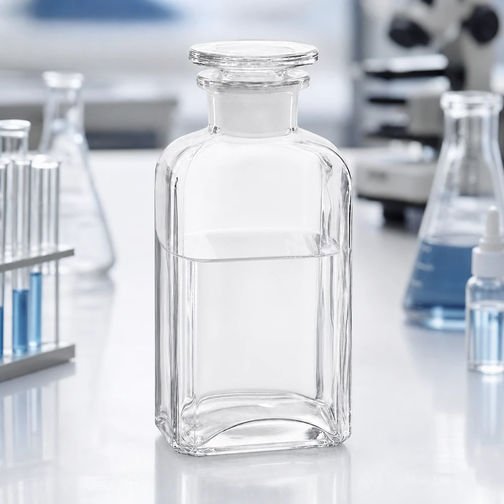 Vierkantflasche 250ml klar Weithals Glasstopfen Pharmazeutische Vierkantflasche 250ml Klarglas mit massivem Glasstopfen und glatten Seitenwänden