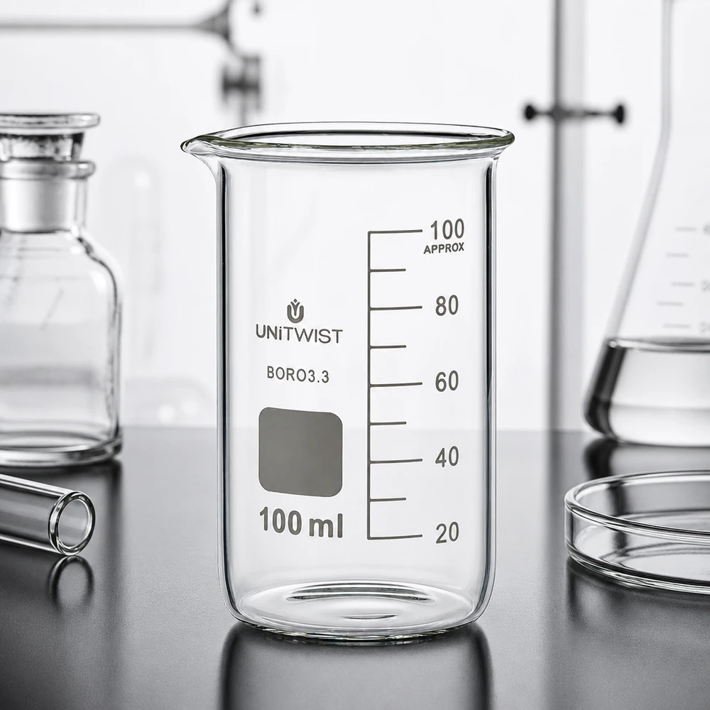 Produktfoto UNITWIST Becherglas 100ml hohe Form Borosilikat mit Messskala und Laborzubehör