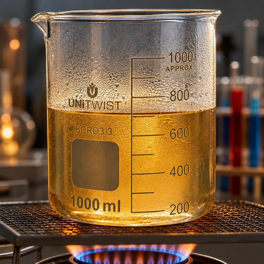 Becherglas 1000ml niedrige Form aus Borosilikat 3.3 auf Gasbrenner im professionellen Labor