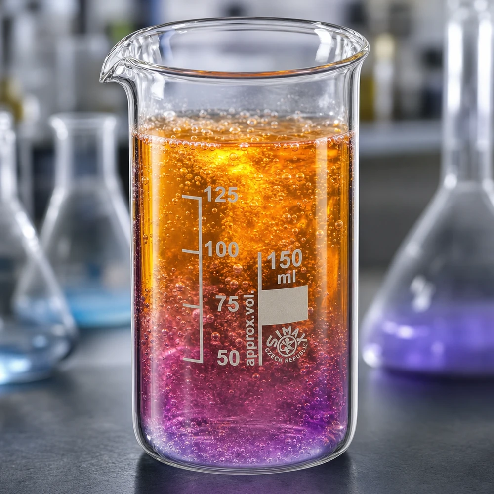 Becherglas 150ml Borosilikatglas, hohe Form Simax Becherglas 150ml hohe Form mit siedender Flüssigkeit in Orange und Violett