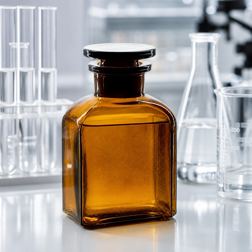 Vierkantflasche 150ml braun Weithals Glasstopfen Vierkant-Vorratsflasche 150ml mit breitem Glasstopfen in Braunglas für Laborchemie und Pharmazie
