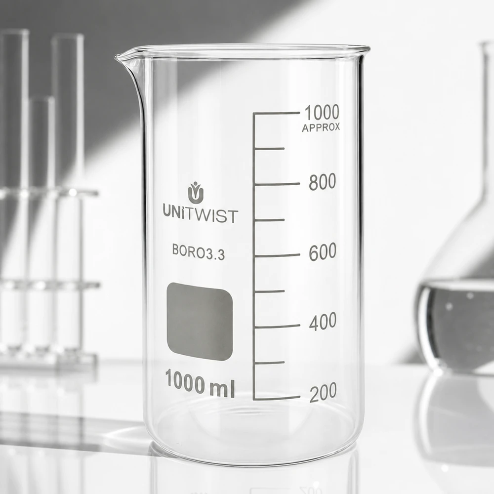 UNITWIST Becherglas 1000ml hohe Form aus hitzebeständigem Borosilikat 3.3 Glas mit Ausgussschnabel