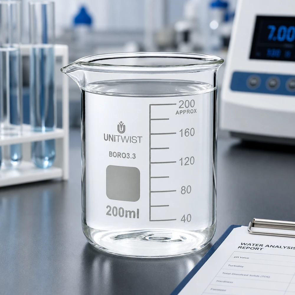 Becherglas 200ml Borosilikat, niedrige Form UNiTWIST Becherglas 200ml niedrige Form aus chemikalienbeständigem Borosilikatglas 3.3 für Wasseranalysen
