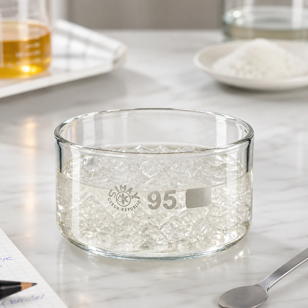 300ml Kristallisierschale ohne Ausguss Borosilikat ø95mm 300ml Laborschale ohne Ausguss mit gequollenen Wasserperlen klares Borosilikatglas Simax 95mm