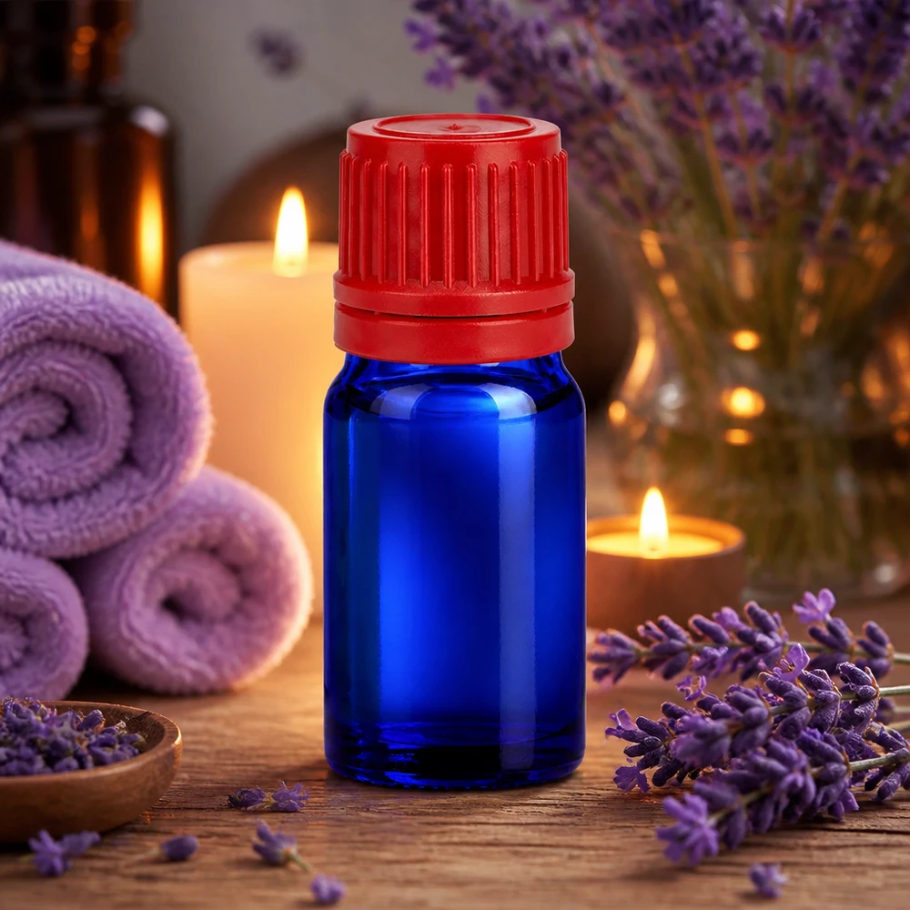 Elegante blaue Glasflasche 5ml für Kosmetik mit rotem Schraubdeckel BlueLine UT18/5