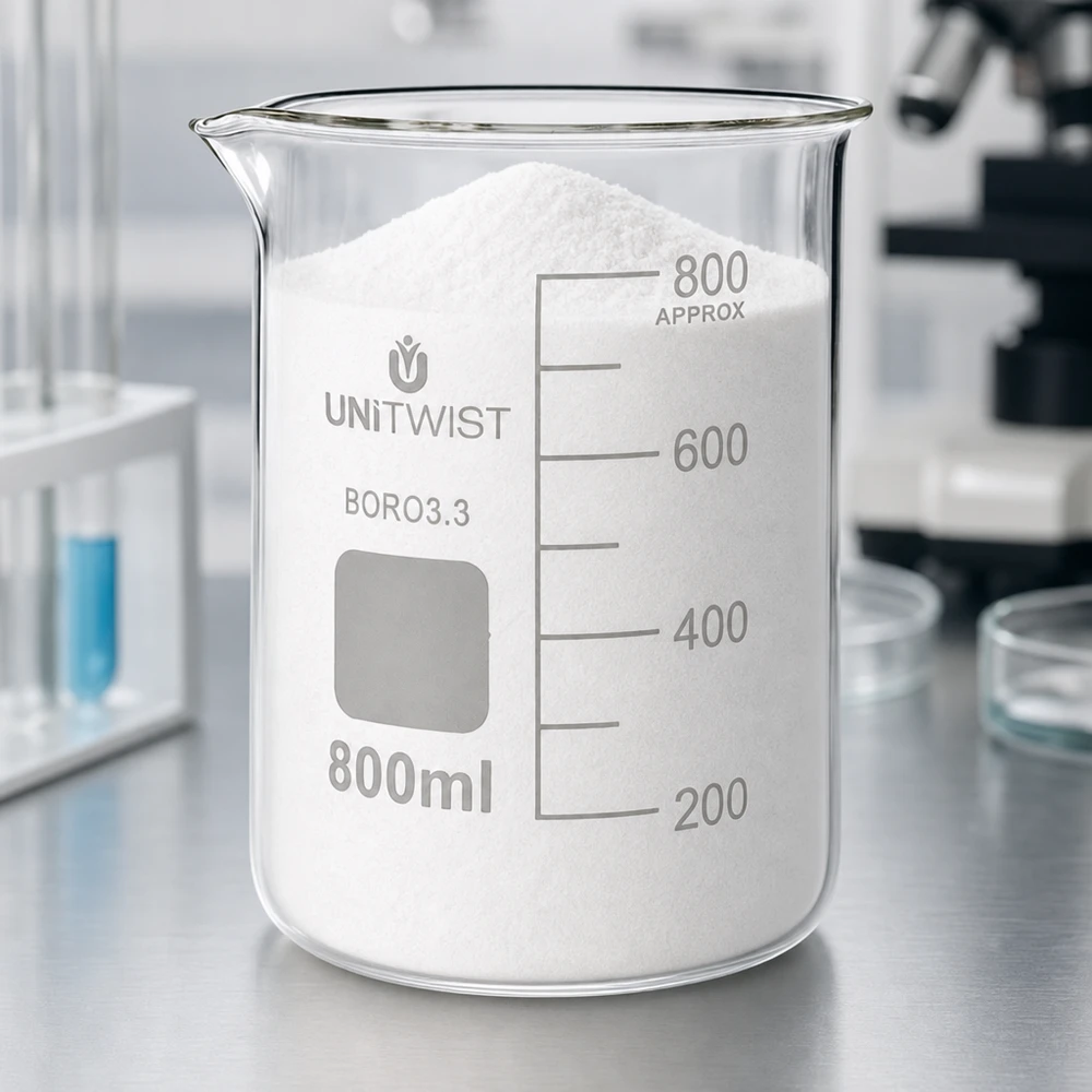 Transparentes Becherglas 800ml niedrige Form UNiTWIST BORO 3.3 mit pulverförmigem Inhalt