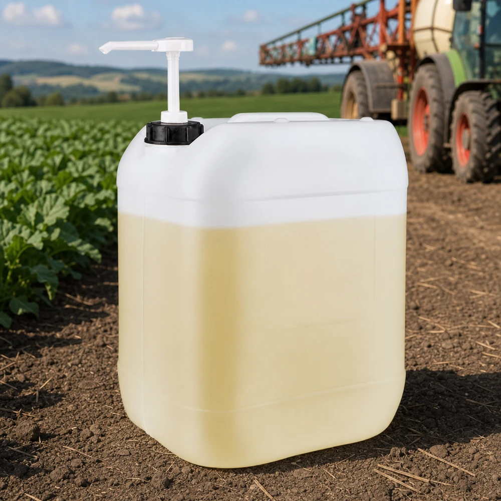 Großkanister 20 Liter mit Pumpspender im Außeneinsatz Landwirtschaft Sommer Feld Hintergrund
