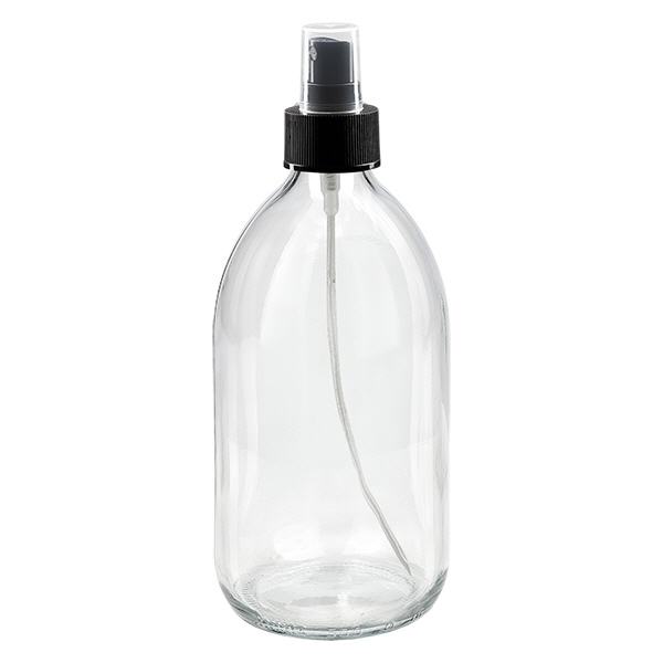 500ml Medizinflasche klar, Pumpzerstäuber schwarz ApoGlas 500ml Medizinflasche klar, Pumpzerstäuber schwarz ApoGlas
