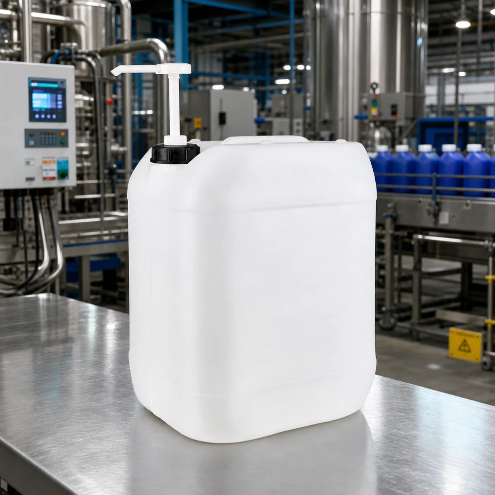 Kanister 20 Liter mit Dosierpumpe Milchweißer Vorratsbehälter 20 Liter mit Dosierpumpe in professioneller Produktionsumgebung