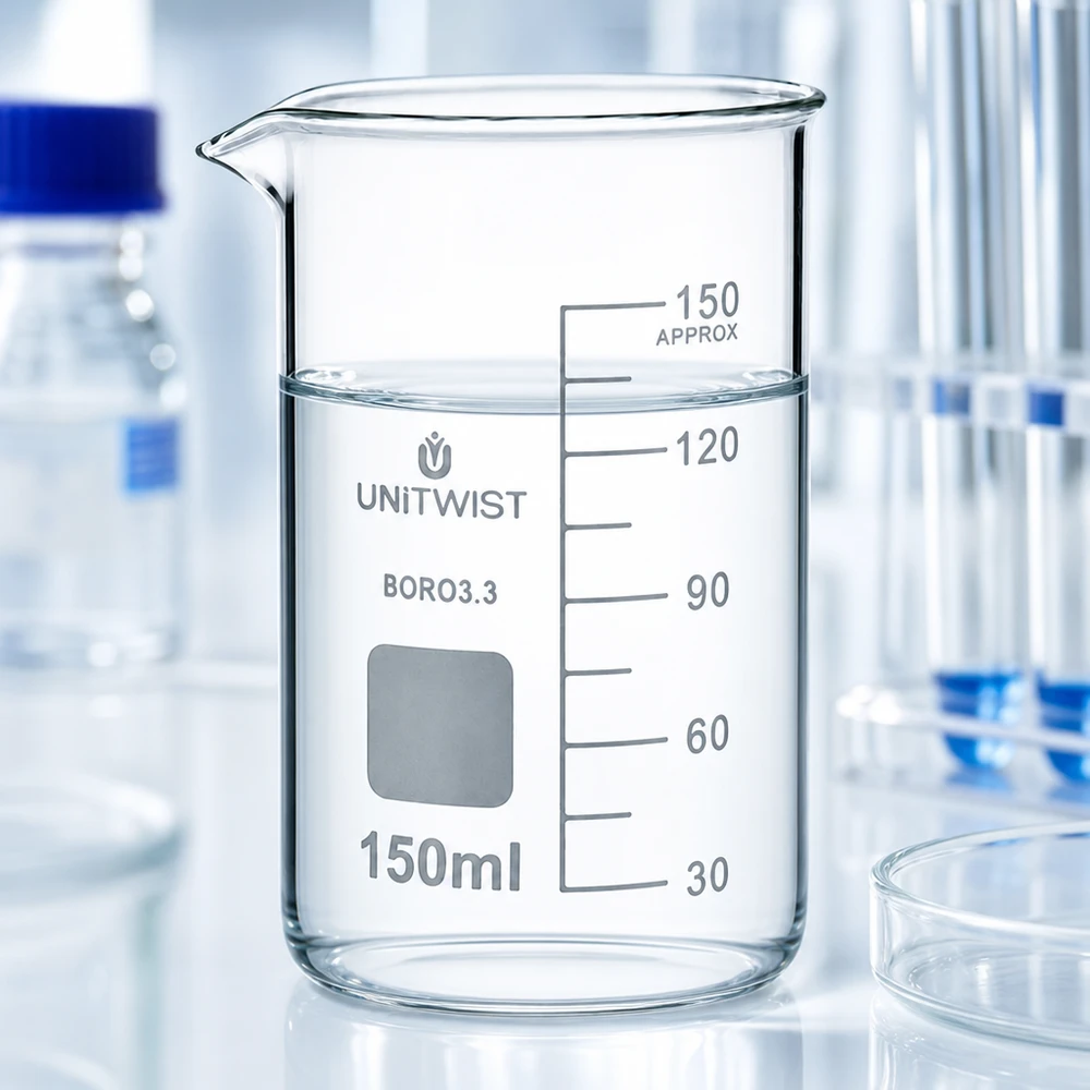 UNITWIST Laborglas 150ml hohe Form dünnwandiges Borosilikat mit Ausgussschnabel und Messskala