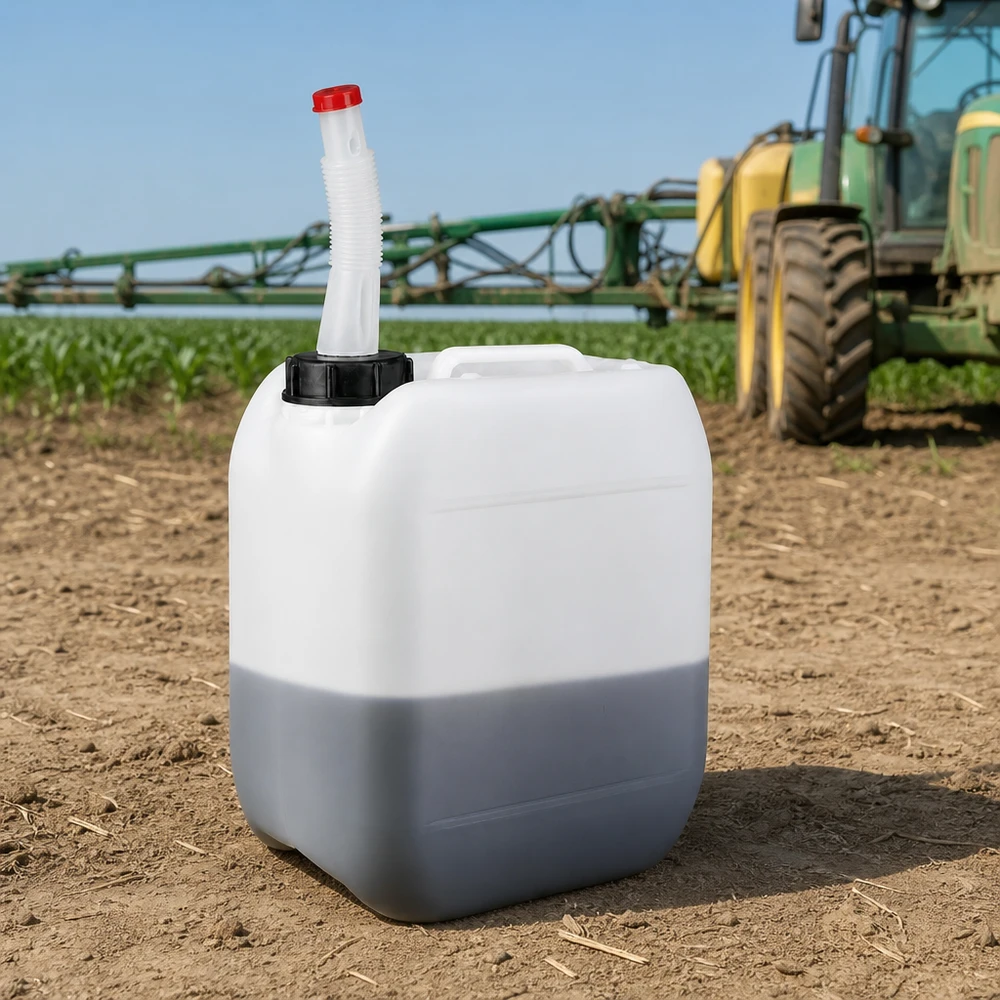 Robuster 5 Liter HDPE-Kanister mit schwarzem Schraubdeckel und flexiblem Ausgießer im Freien
