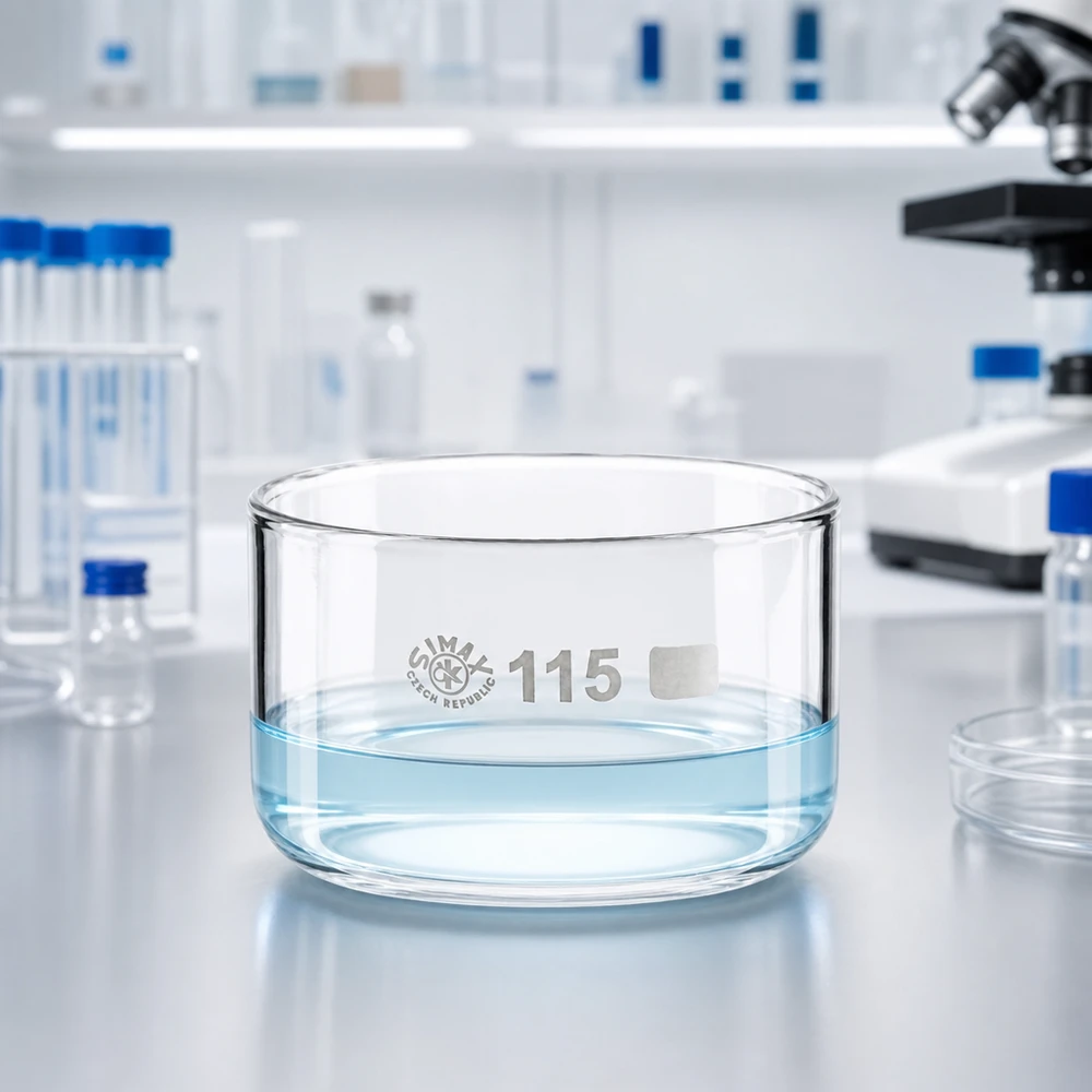 500ml Laborschale aus klarem Glas mit wässrigem Inhalt und Laborzubehör im Hintergrund