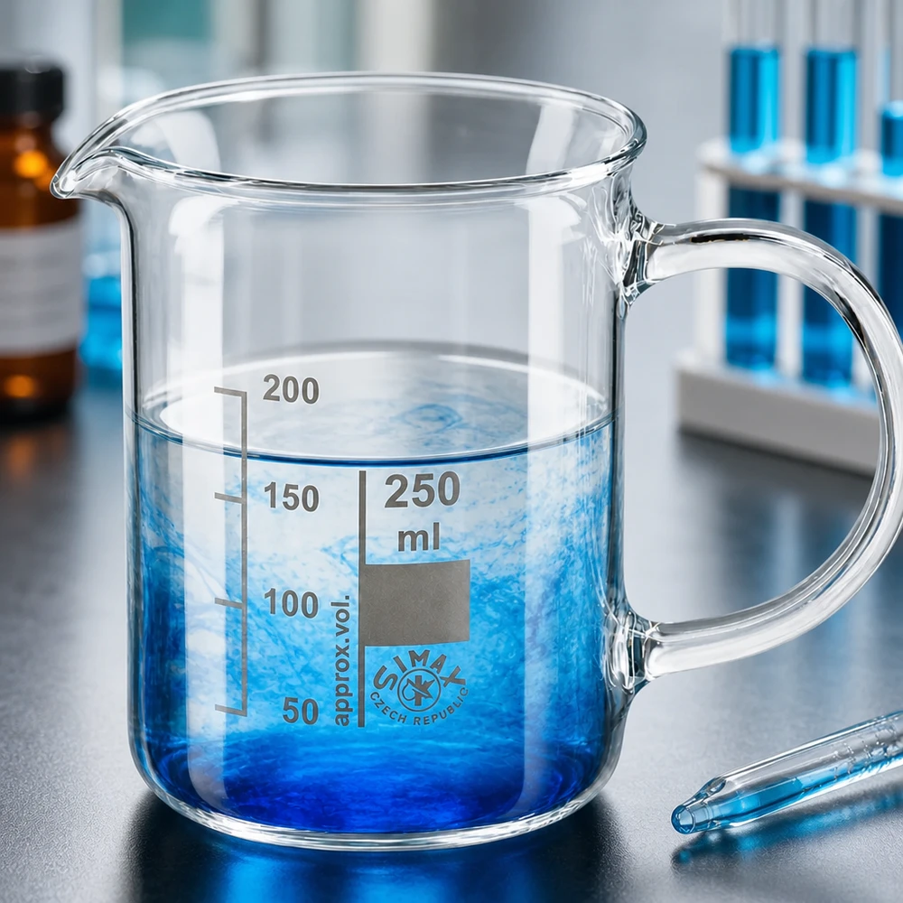 Chemieglas 250ml mit Henkel und Volumenskala gefüllt mit blauer Kupfersulfatlösung