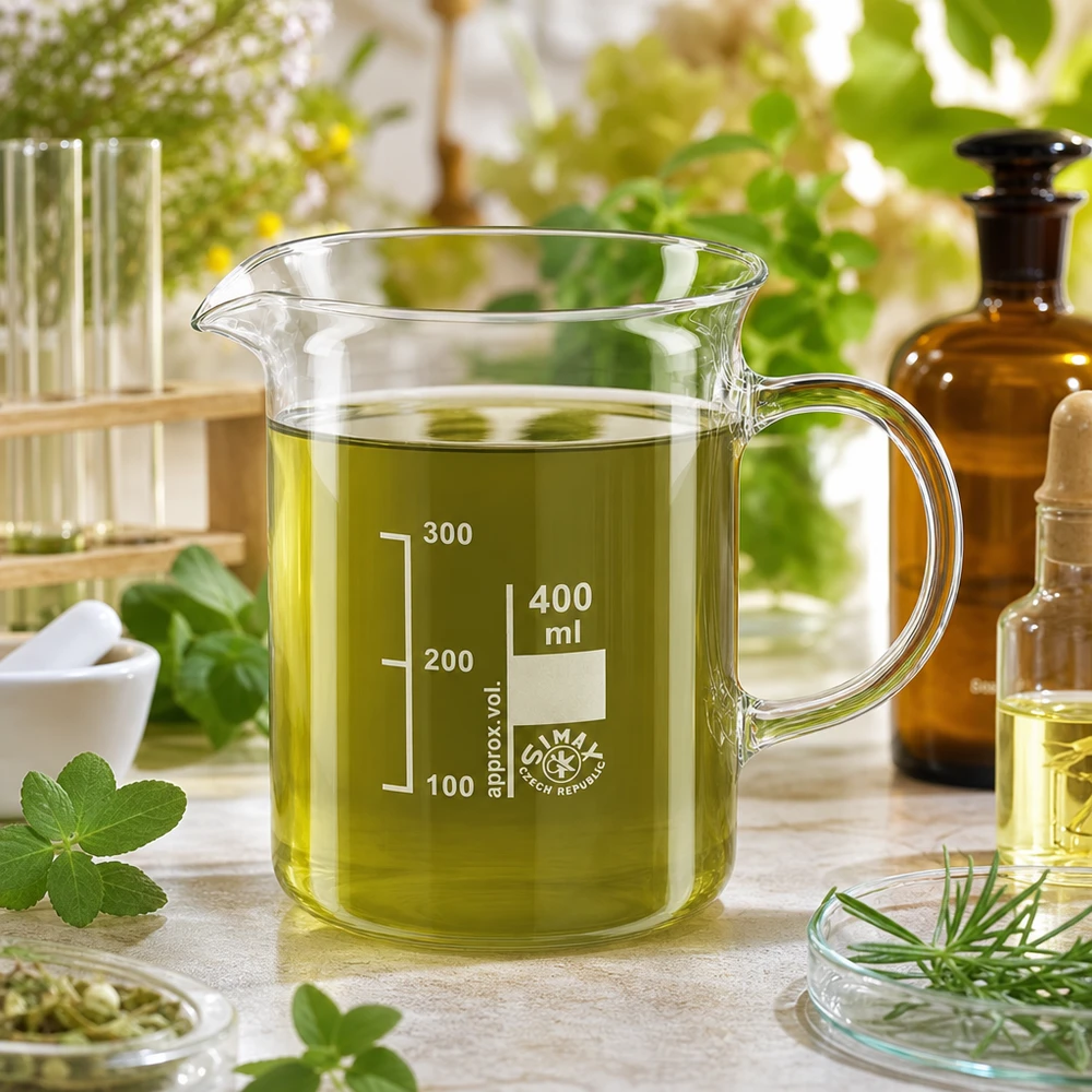 Becherglas 400ml Borosilikatglas, mit Henkel Becherglas mit Henkel 400ml Borosilikatglas ideal für Naturkosmetik Kräuterextraktion Herstellung
