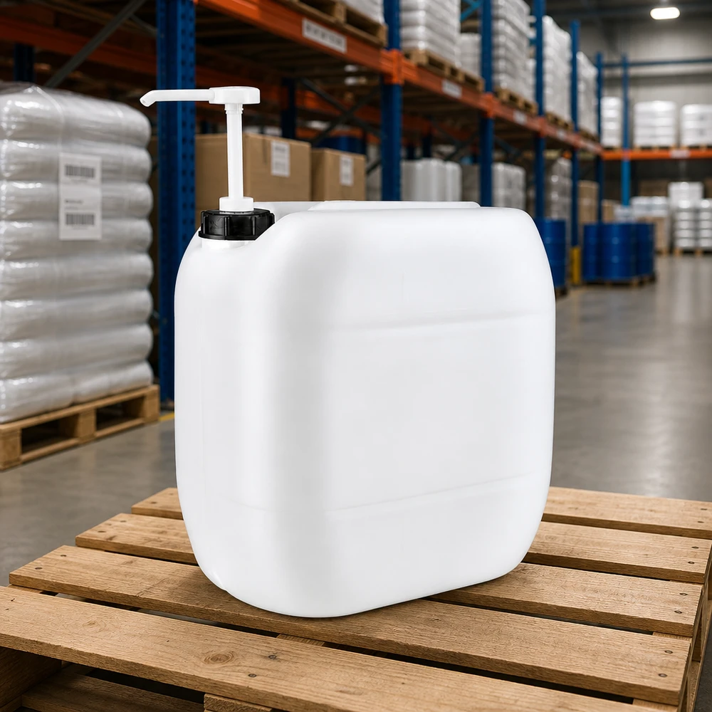 Kanister 30 Liter mit Dosierpumpe Transportkanister 30 Liter mit Ausgabepumpe und schwarzem Schraubdeckel im Depot