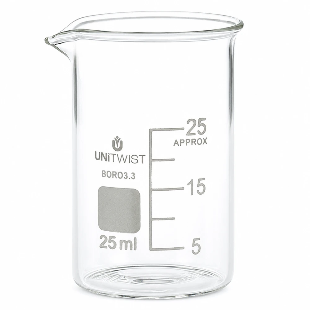 Becherglas 25ml Borosilikat, niedrige Form UNiTWIST Becherglas niedrige Form 25ml UNiTWIST mit Schreibfeld und präziser Messskala aus Borosilikat