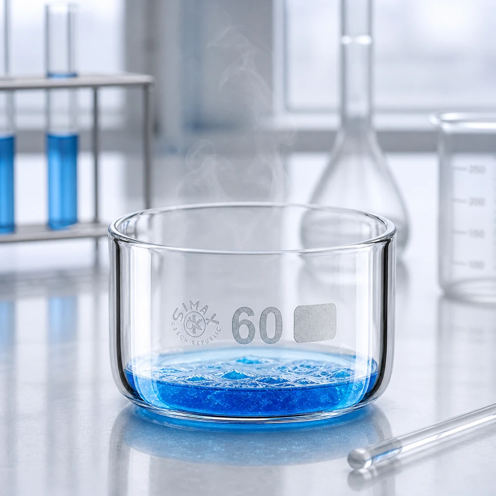 Kristallisierschale ø60mm aus klarem Borosilikatglas mit siedender blauer Lösung