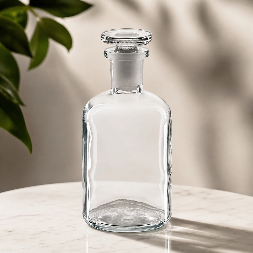 Rundschulterflasche 100ml klar Enghals Glasstopfen Hochwertige Glasflasche 100ml Enghals mit flachem Glasstopfen Rundschulterdesign klar