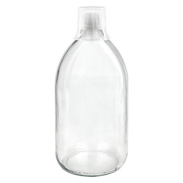 1000ml Medizinflasche klar, Verschluss Originalitätsverschluss mit Dosierbecher 30ml ApoGlas 1000ml Medizinflasche klar, Verschluss Originalitätsverschluss mit Dosierbecher 30ml ApoGlas
