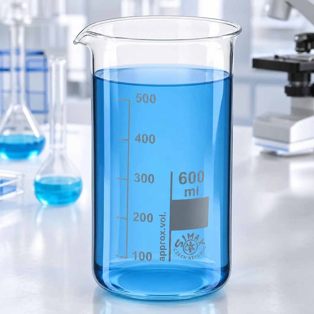 Laborbecher 600ml tall form Borosilikatglas mit Mikroskop und Erlenmeyerkolben im Hintergrund