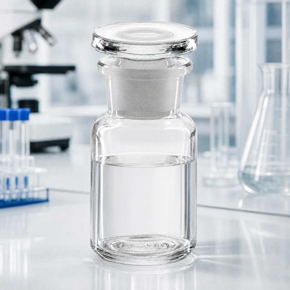 Rundschulterfl. 50ml klar Weithals Glasstopfen Professionelle Laborflasche 50ml Rundschulter Weithals klar mit halbgefülltem Glasinhalt