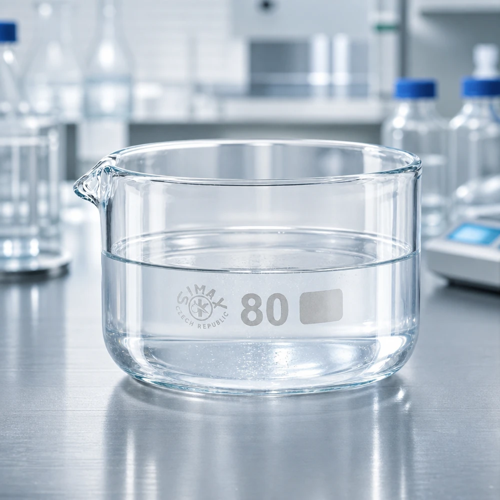Flachform Laborgefäß 150ml mit Ausguss breitbasig und transparent auf metallischer Arbeitsfläche
