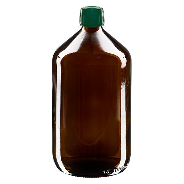 1000ml Medizinflasche braun, Verschluss grün mit Originalitätsring ApoGlas