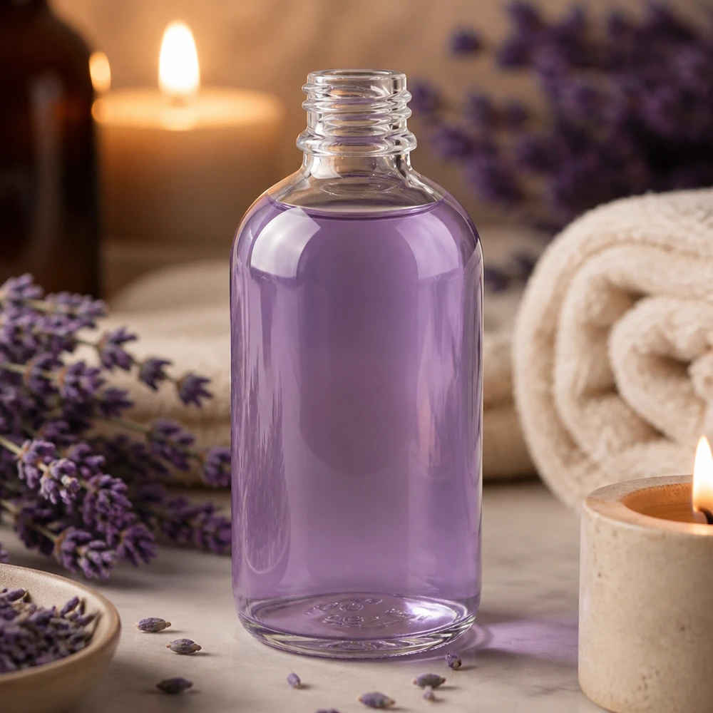 Transparente 100ml Glasflasche mit Schraubverschluss DIN18 gefüllt mit violettem Lavendelwasser