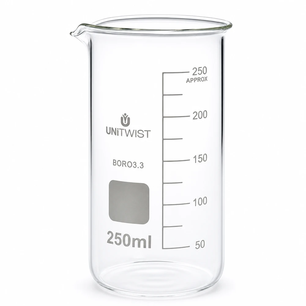 Klares Glasbehälter 250ml Laborqualität UNITWIST mit Messskala und Ausgießer