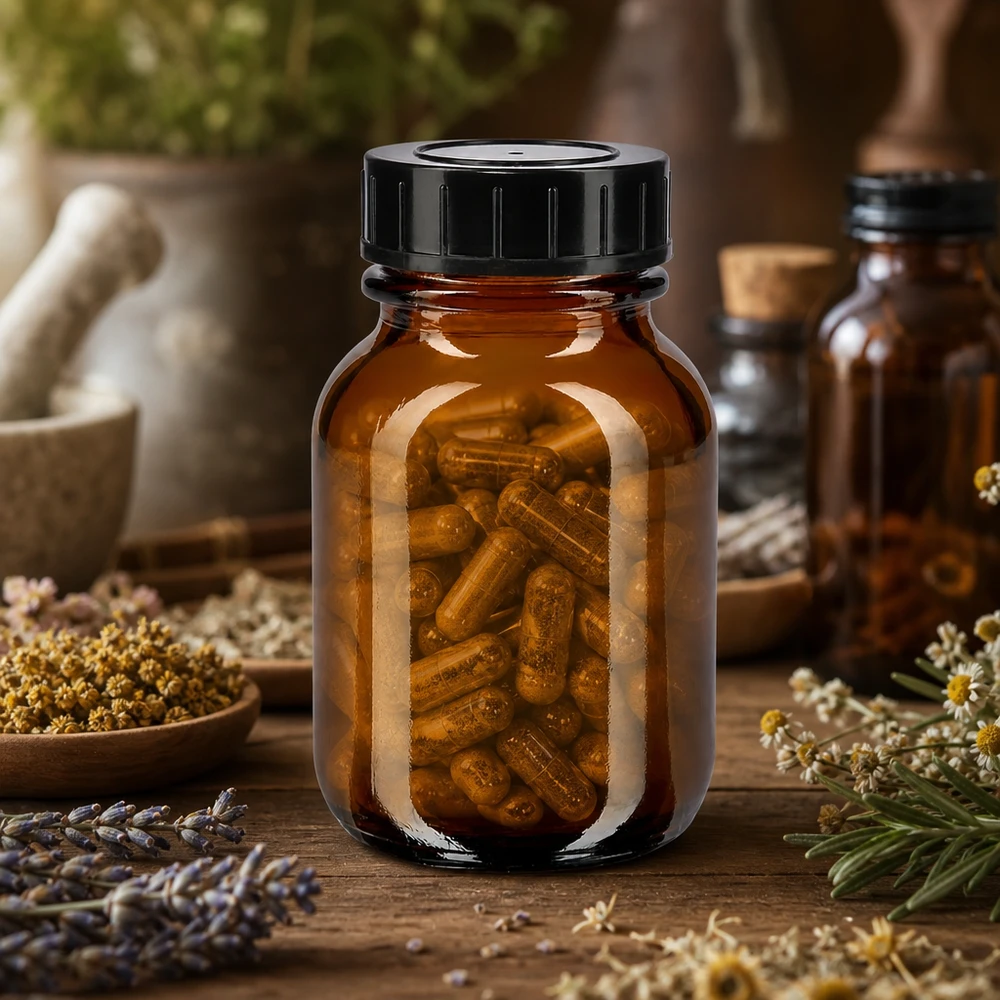 Kompakte Weithalsflasche aus braunem Glas 50ml Volumen mit sicherem Verschlusssystem
