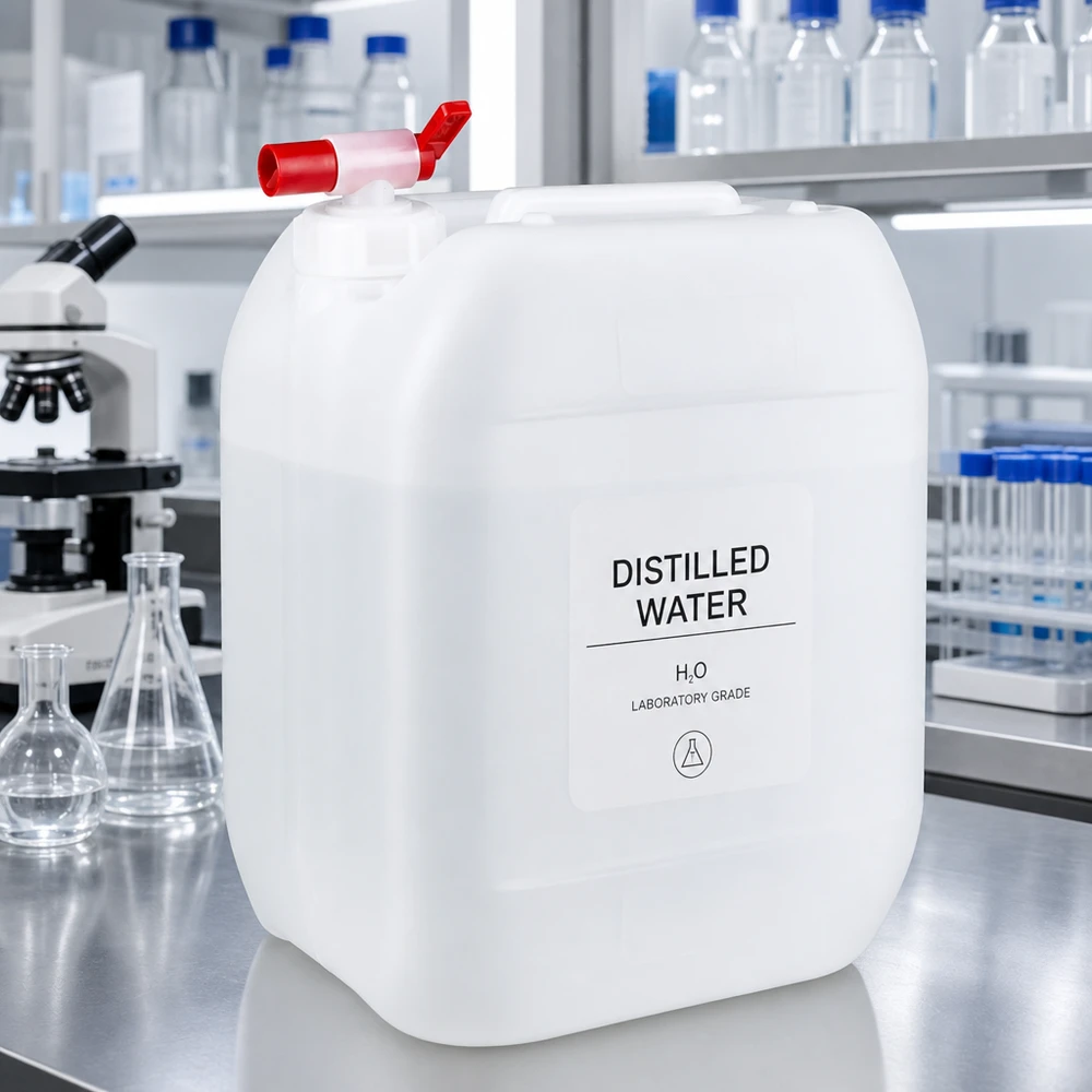 Kanister 10 Liter mit Auslaufhahn Laborkanister 10L mit Beschriftung Distilled Water und rotem Kunststoffhahn Frontansicht