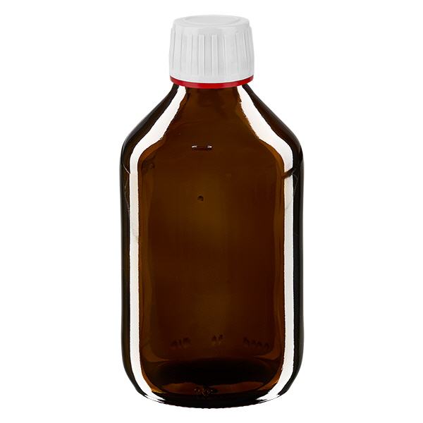 250ml Medizinflasche braun, Verschluss weiß mit Originalitätsring rot ApoGlas 250ml Medizinflasche braun, Verschluss weiß mit Originalitätsring rot ApoGlas